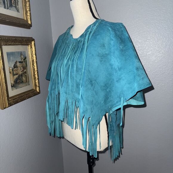 Vintage Western Teal Blue Suede Leather Fringe Shawl Cape Poncho Rodeo Hand made - Picture 4 of 16